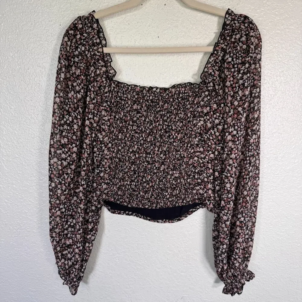 ASTR The Label Top Womens Small Floral Ruched Smocked Blouse Cottagecore Boho S